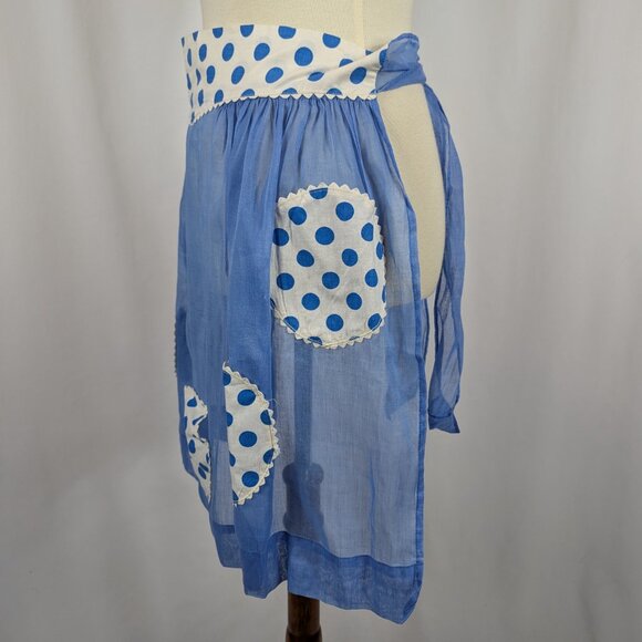 Gingham Girl Vintage Semi Sheer Tie Back Half Apron Pocket Polka Dot Blue 1970s - Picture 3 of 8